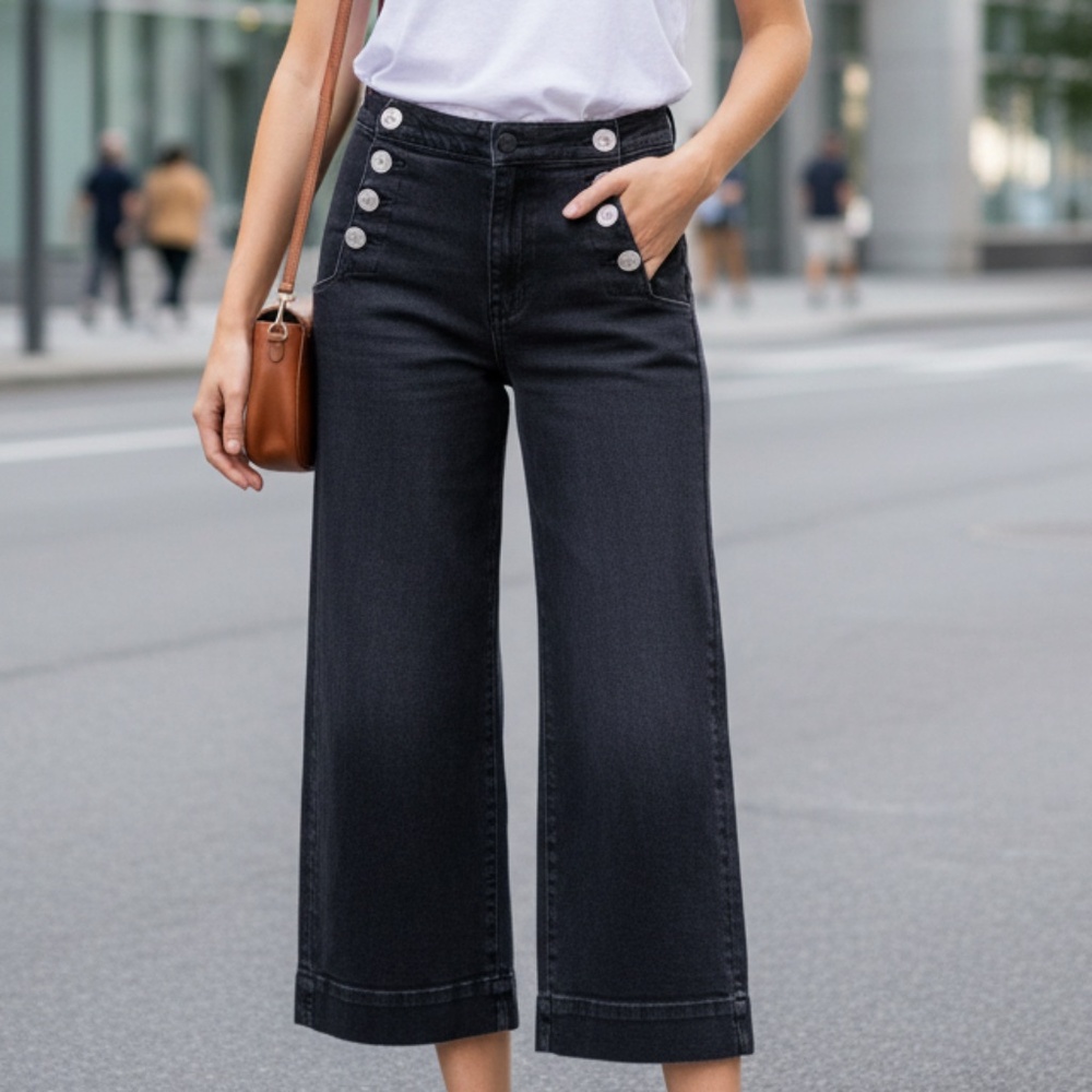 High-Waisted Wide Leg Cropped Jeans – Black Button Detail – Modern Chic - Picture 2 of 5